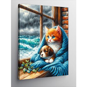 Kanvas Tablo Yavru Köpek Ve Kedi Battaniye  100x140 cm