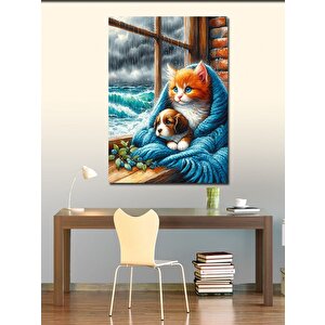 Kanvas Tablo Yavru Köpek Ve Kedi Battaniye  100x140 cm