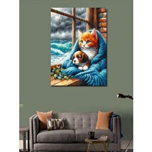 Kanvas Tablo Yavru Köpek Ve Kedi Battaniye  100x140 cm