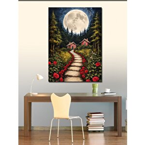 Kanvas Tablo Ormandaki Evler Ve Dolunay 100x140 cm