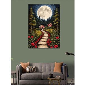 Kanvas Tablo Ormandaki Evler Ve Dolunay 100x140 cm