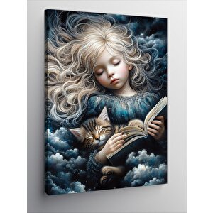 Kanvas Tablo Kitap Okuyan Kız Ve Kedi 100x140 cm