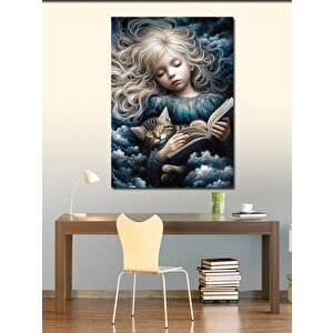 Kanvas Tablo Kitap Okuyan Kız Ve Kedi 100x140 cm