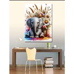 Kanvas Tablo Çiçekler Ve Fil 100x140 cm