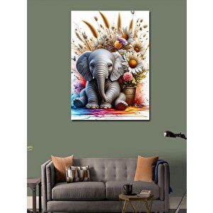 Kanvas Tablo Çiçekler Ve Fil 100x140 cm