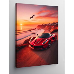 Kanvas Tablo Kırmızı Spor Araba Ve Gün Batımı 100x140 cm