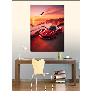 Kanvas Tablo Kırmızı Spor Araba Ve Gün Batımı 100x140 cm
