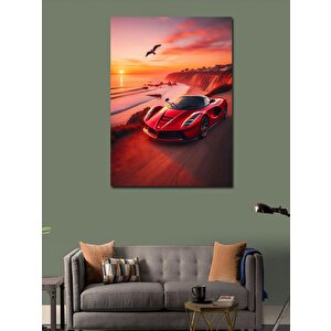 Kanvas Tablo Kırmızı Spor Araba Ve Gün Batımı 100x140 cm