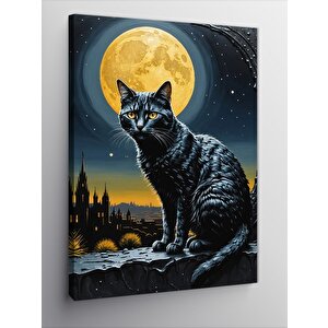 Kanvas Tablo Siyah Kedi Ve Dolunay