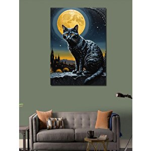 Kanvas Tablo Siyah Kedi Ve Dolunay
