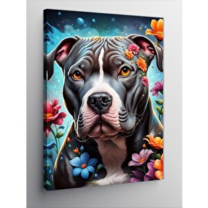 Kanvas Tablo Pitbul Köpek Ve Çiçekler