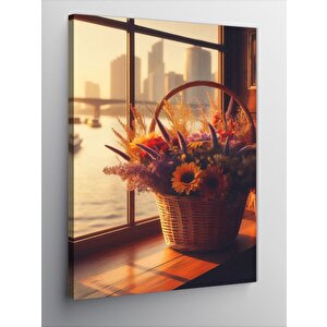 Kanvas Tablo Sepetteki Çiçekler Ve Manzara 70x100 cm