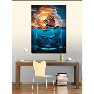 Kanvas Tablo Gemi Ve Köpekbalığı 100x140 cm