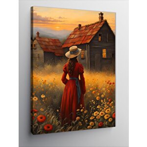Kanvas Tablo Retro Çiftlik Evi Ve Kadın 70x100 cm