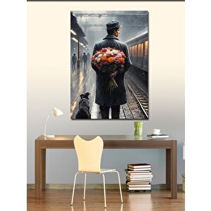 Kanvas Tablo Tren İstasyonudaki Çiçekli Adam
