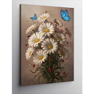 Kanvas Tablo Mavi Kelebekler Ve Beyaz Çiçekler 70x100 cm