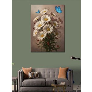 Kanvas Tablo Mavi Kelebekler Ve Beyaz Çiçekler 70x100 cm