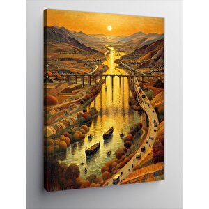 Kanvas Tablo Gün Batımında Nehir Ve Gemi Yolculuğu