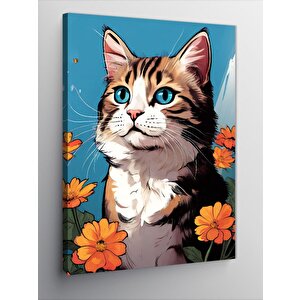 Kanvas Tablo Çiçekler Ve Kedi