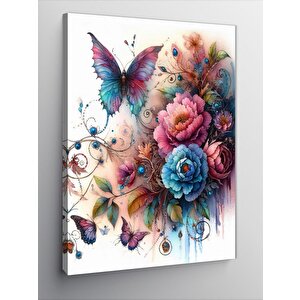 Kanvas Tablo Suluboya Kelebek Ve Çiçekler 100x140 cm