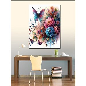 Kanvas Tablo Suluboya Kelebek Ve Çiçekler 100x140 cm
