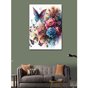 Kanvas Tablo Suluboya Kelebek Ve Çiçekler 100x140 cm
