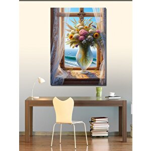 Kanvas Tablo Vazodaki Renkli Çiçekler Ve Manzara 100x140 cm