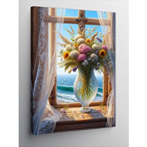 Kanvas Tablo Vazodaki Renkli Çiçekler Ve Manzara 70x100 cm