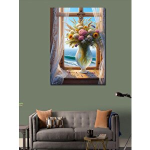 Kanvas Tablo Vazodaki Renkli Çiçekler Ve Manzara 70x100 cm