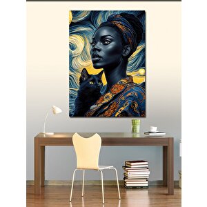 Kanvas Tablo Afrikalı Kadın Ve Siyah Kedi 70x100 cm