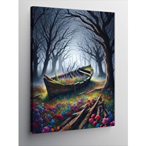 Kanvas Tablo Ormandaki Kayık Ve Çiçekler 100x140 cm