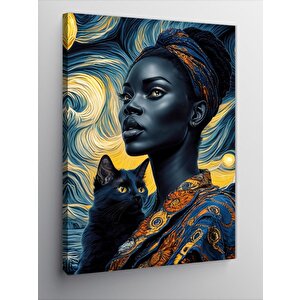 Kanvas Tablo Afrikalı Kadın Ve Siyah Kedi