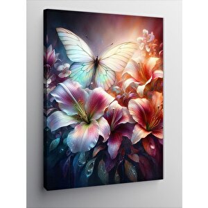 Kanvas Tablo Pembe Çiçekler Ve Kelebek 100x140 cm