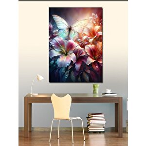 Kanvas Tablo Pembe Çiçekler Ve Kelebek 100x140 cm