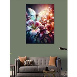 Kanvas Tablo Pembe Çiçekler Ve Kelebek 100x140 cm