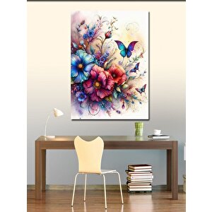 Kanvas Tablo Mavi Kelebekler Ve Çiçekler 100x140 cm