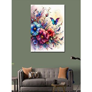 Kanvas Tablo Mavi Kelebekler Ve Çiçekler 100x140 cm