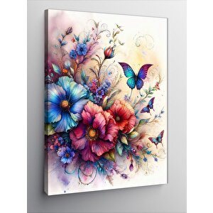 Kanvas Tablo Mavi Kelebekler Ve Çiçekler 70x100 cm