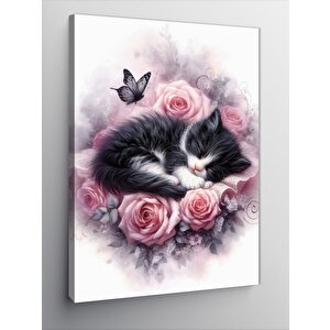 Kanvas Tablo Çiçeklerin Üstünde Uyuyan Kedi