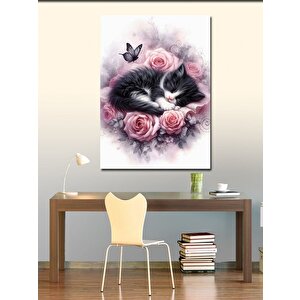 Kanvas Tablo Çiçeklerin Üstünde Uyuyan Kedi