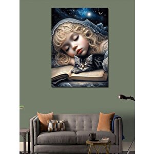 Kanvas Tablo Uyuyakalan Küçük Kız Ve Kedisi 100x140 cm