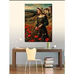 Kanvas Tablo Kırmızı Çiçekler Ve Kadın 100x140 cm