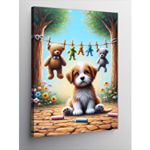 Kanvas Tablo Yavru Köpek Ve Peluş Ayılar 100x140 cm
