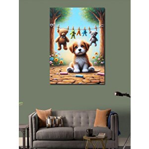 Kanvas Tablo Yavru Köpek Ve Peluş Ayılar 70x100 cm