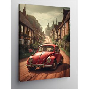Kanvas Tablo Kırmızı Retro Araba Ve Evler 70x100 cm