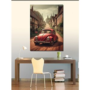 Kanvas Tablo Kırmızı Retro Araba Ve Evler 70x100 cm