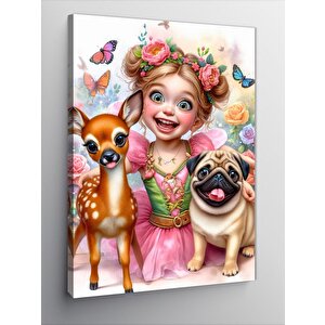 Kanvas Tablo Sevimli Kız Köpek Ve Ceylan 100x140 cm