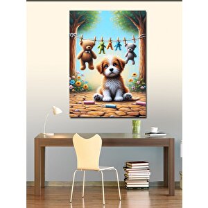 Kanvas Tablo Yavru Köpek Ve Peluş Ayılar
