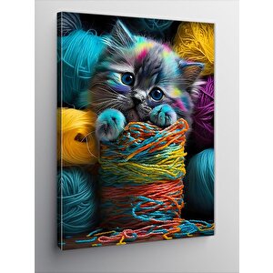 Kanvas Tablo Renkli Yumaklar Ve Kedi 100x140 cm