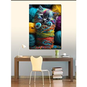 Kanvas Tablo Renkli Yumaklar Ve Kedi 100x140 cm
